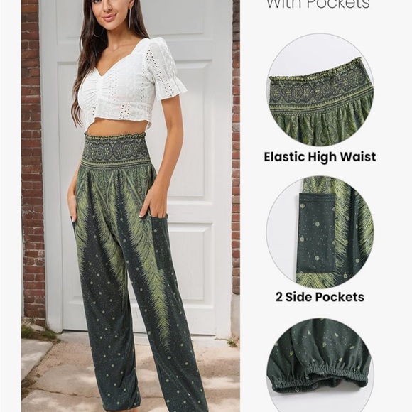 Green Harem High Waist Yoga Boho Trousers with Pockets - Picture 7 of 9
